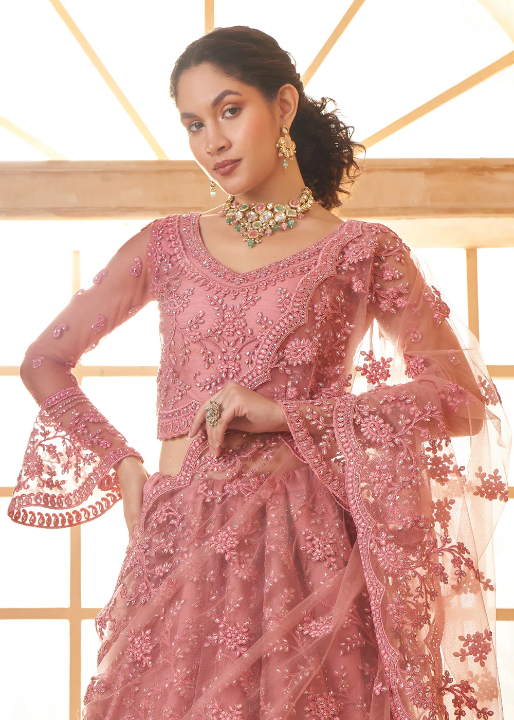 Awesome Pink Heavy Net Embroidered Bridal Lehenga Choli - Image 2