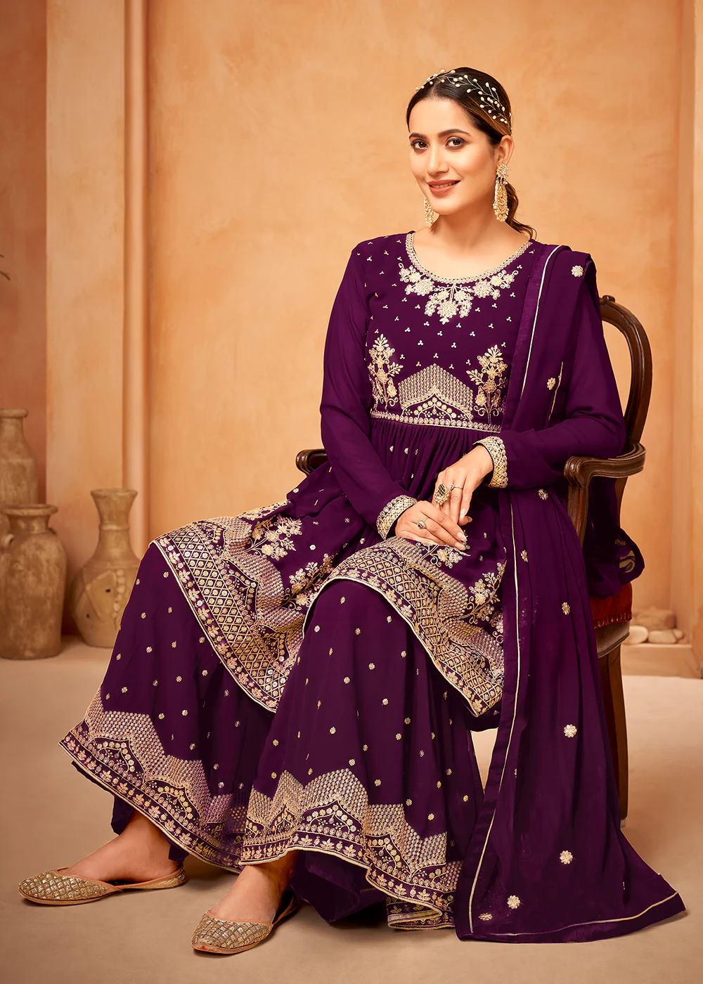 Awesome Purple Embroidered Wedding Festive Gharara Suit - Image 3