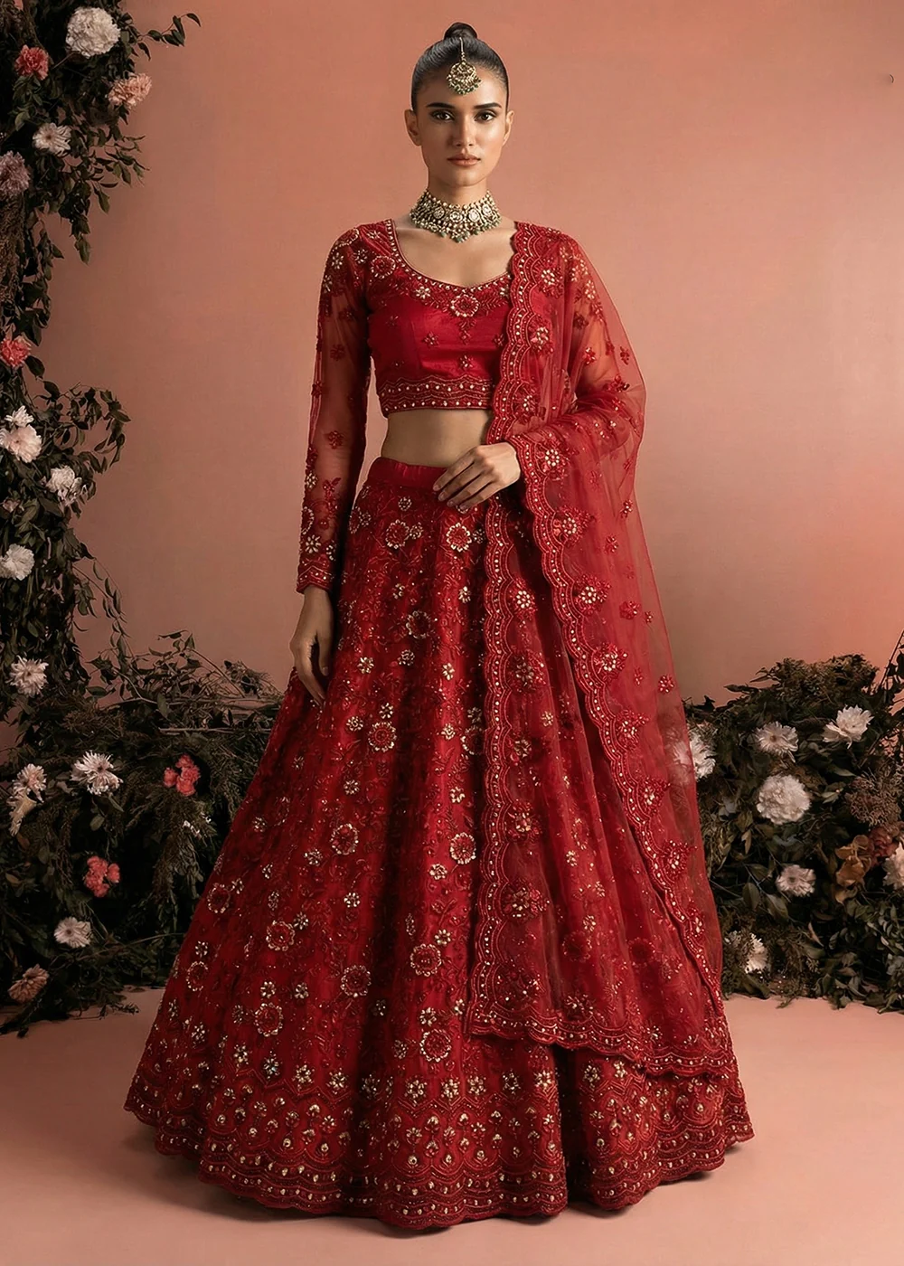 Awesome Red Heavy Net Embroidered Bridal Lehenga Choli