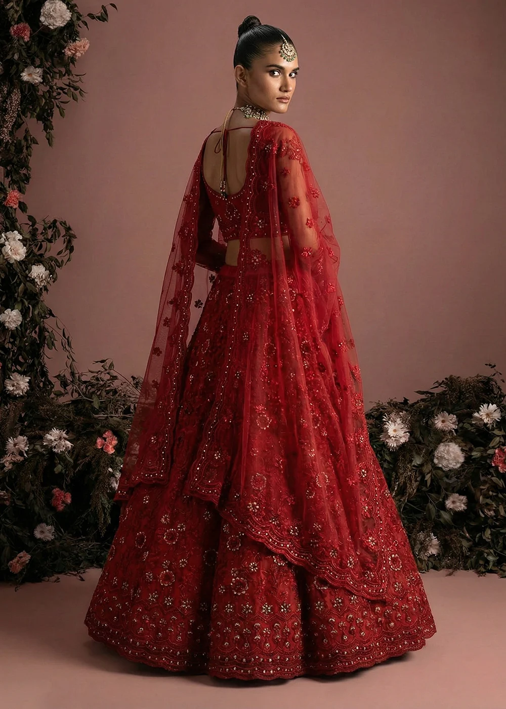 Awesome Red Heavy Net Embroidered Bridal Lehenga Choli - Image 2