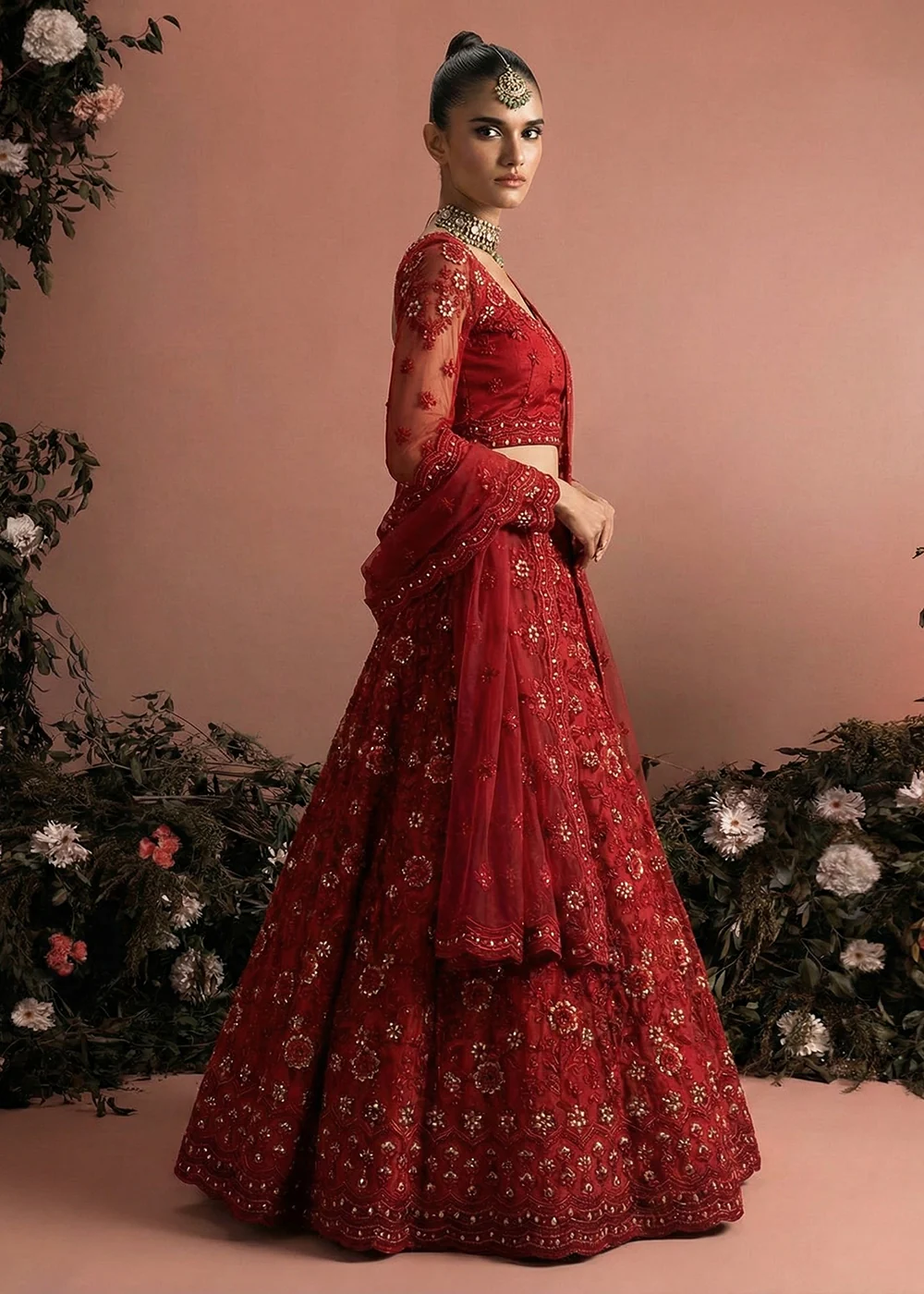 Awesome Red Heavy Net Embroidered Bridal Lehenga Choli - Image 3