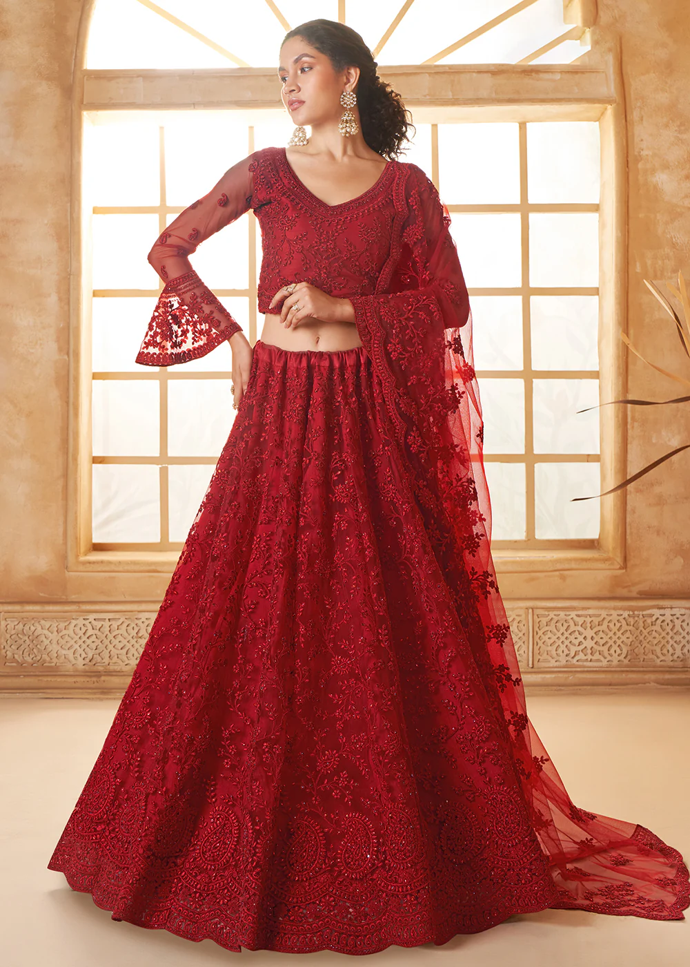 Awesome Red Heavy Net Embroidered Bridal Lehenga Choli