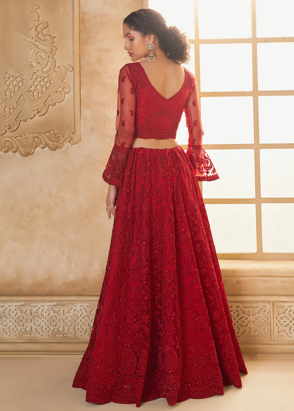 Awesome Red Heavy Net Embroidered Bridal Lehenga Choli - Image 3