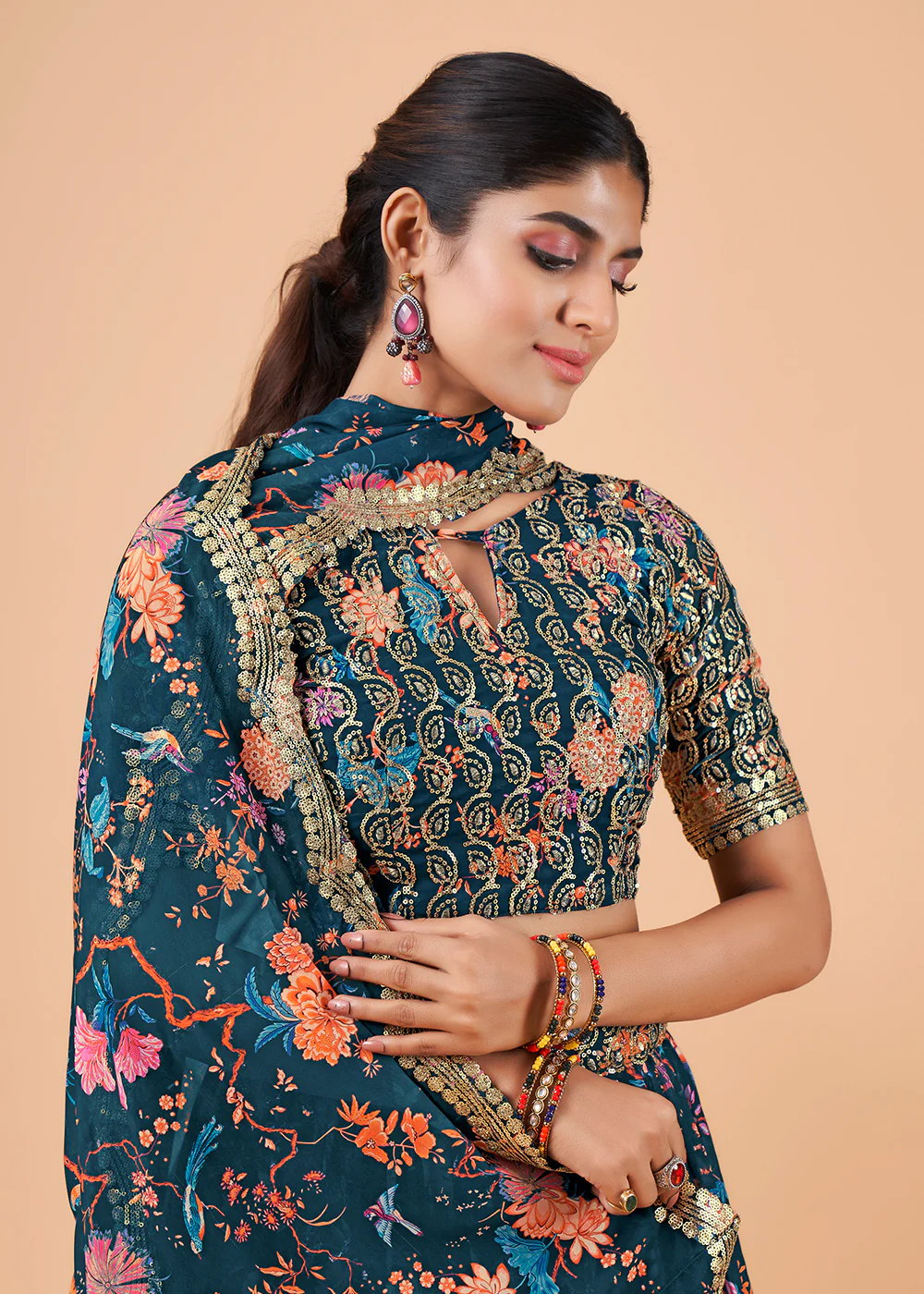 Awesome Teal Blue Floral Printed Georgette Lehenga Choli - Image 2