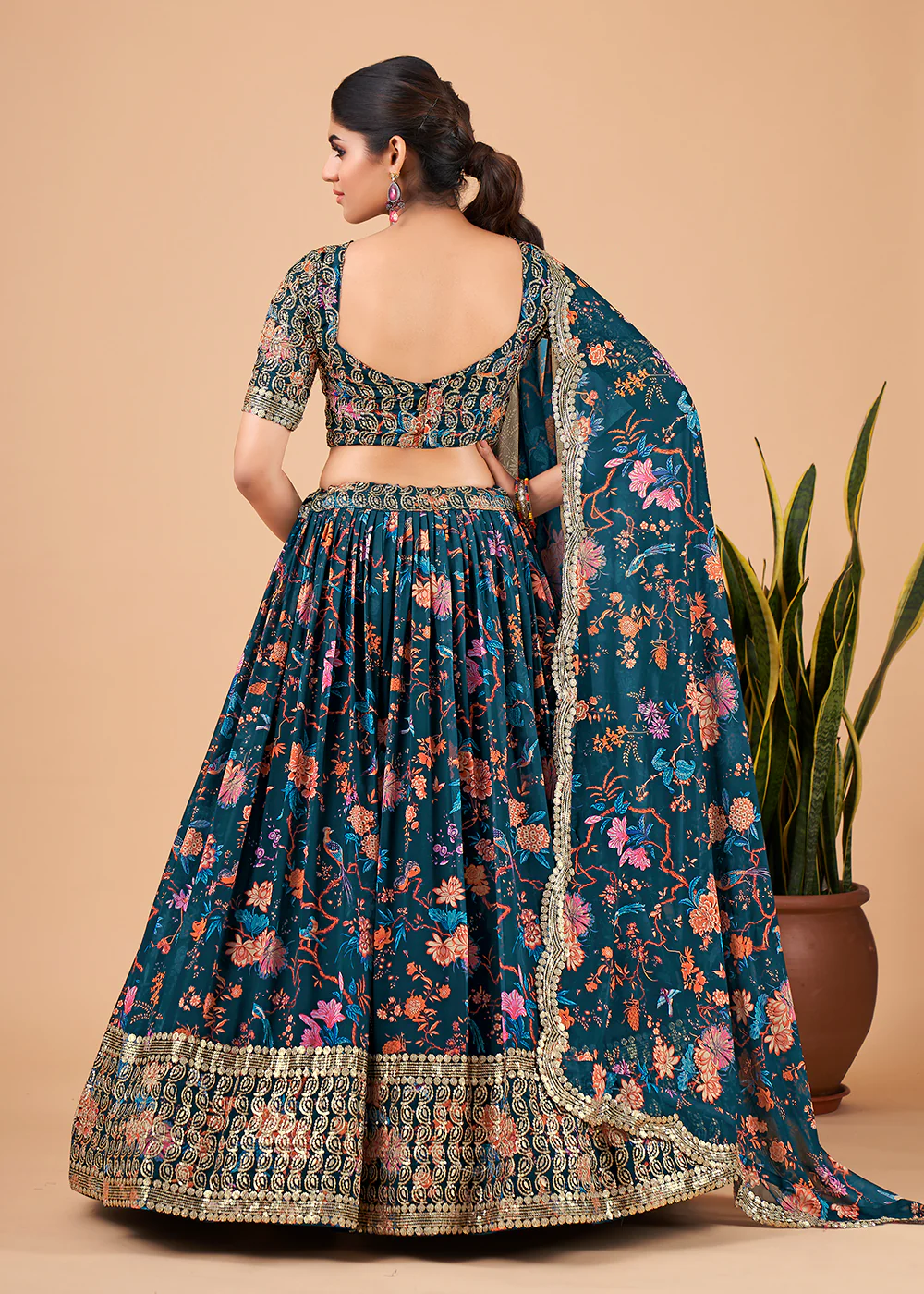 Awesome Teal Blue Floral Printed Georgette Lehenga Choli - Image 4