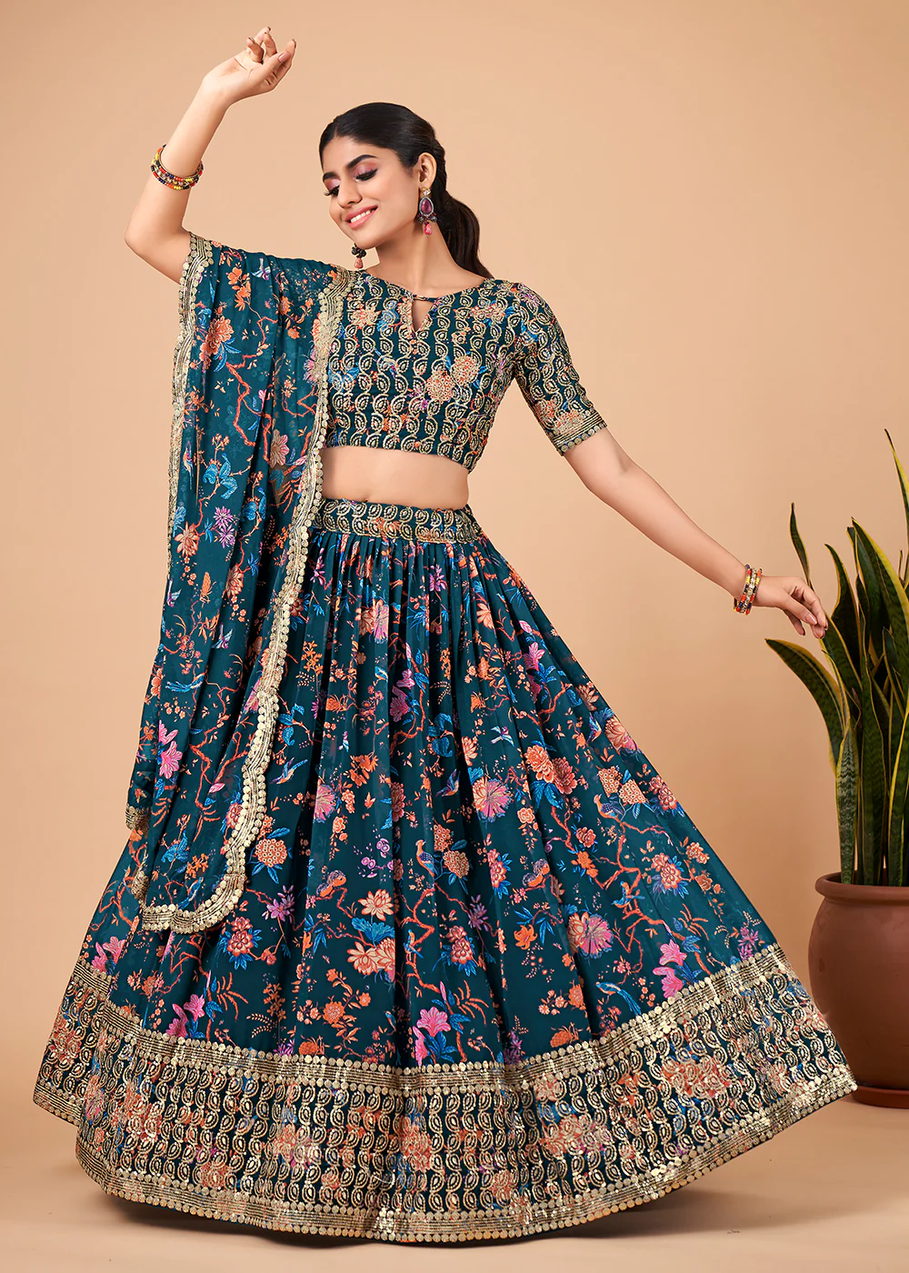 Awesome Teal Blue Floral Printed Georgette Lehenga Choli - Image 5