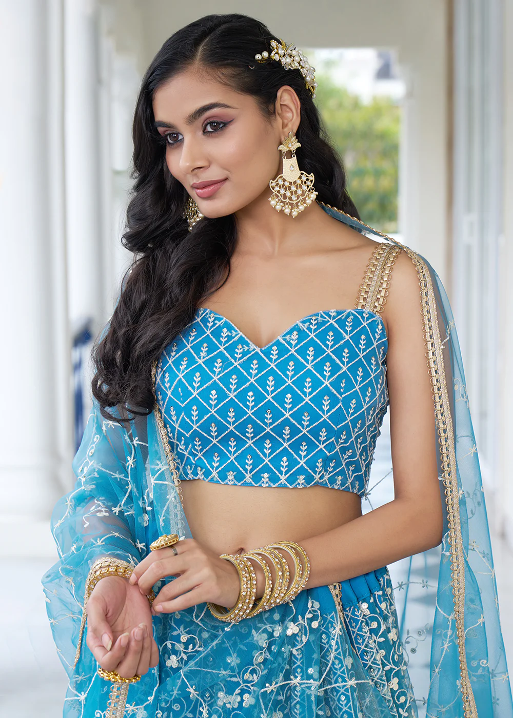 Azure Blue Designer Embroidered Wedding Lehenga Choli - Image 2