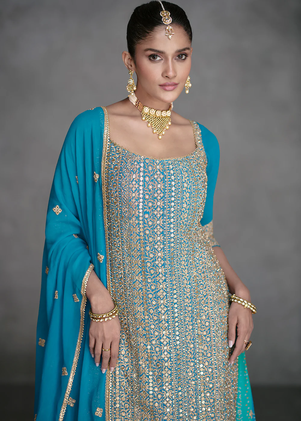 Azure Blue Designer Style Wedding Wear Sharara Suit - Image 2