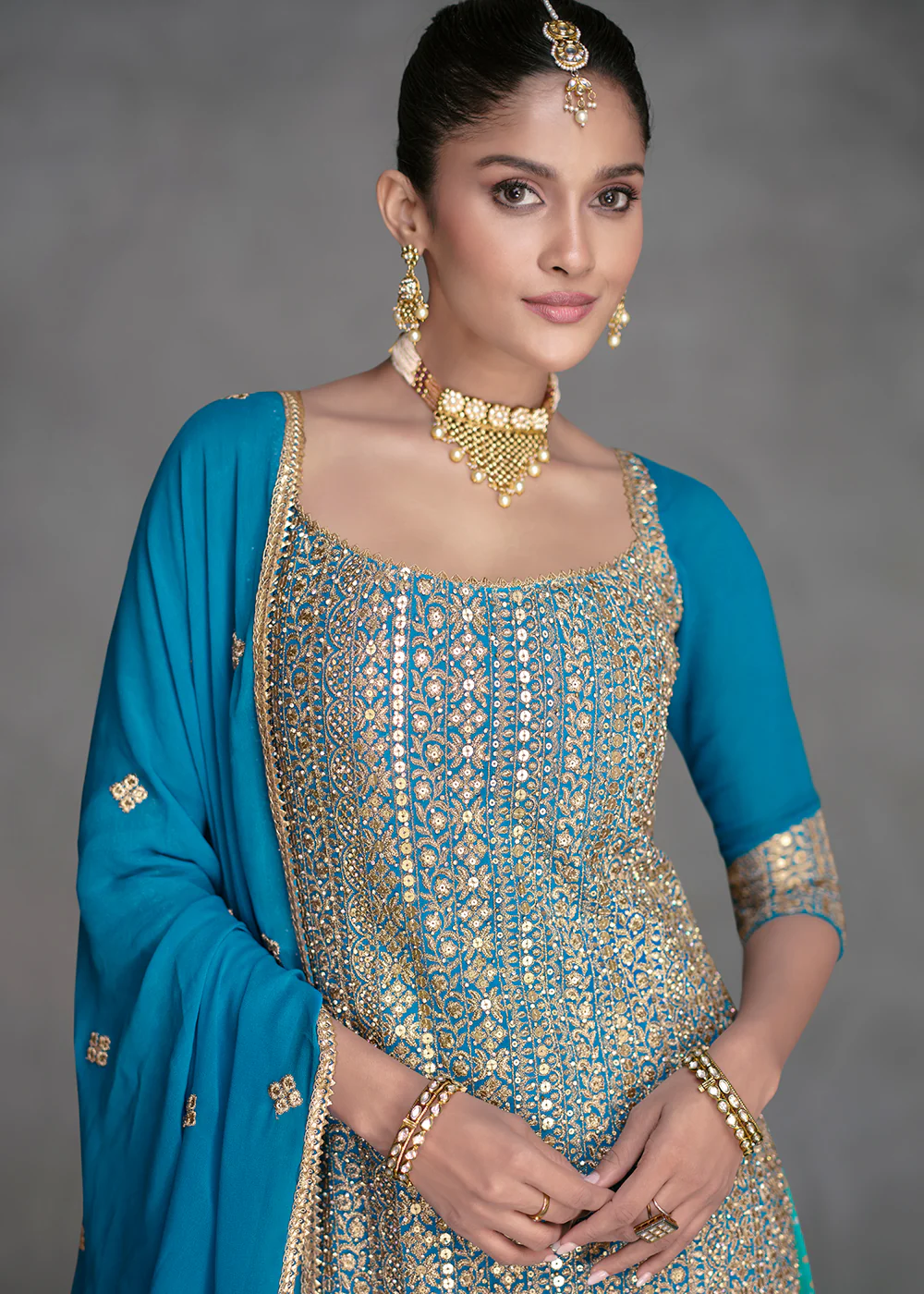 Azure Blue Designer Style Wedding Wear Sharara Suit - Image 4