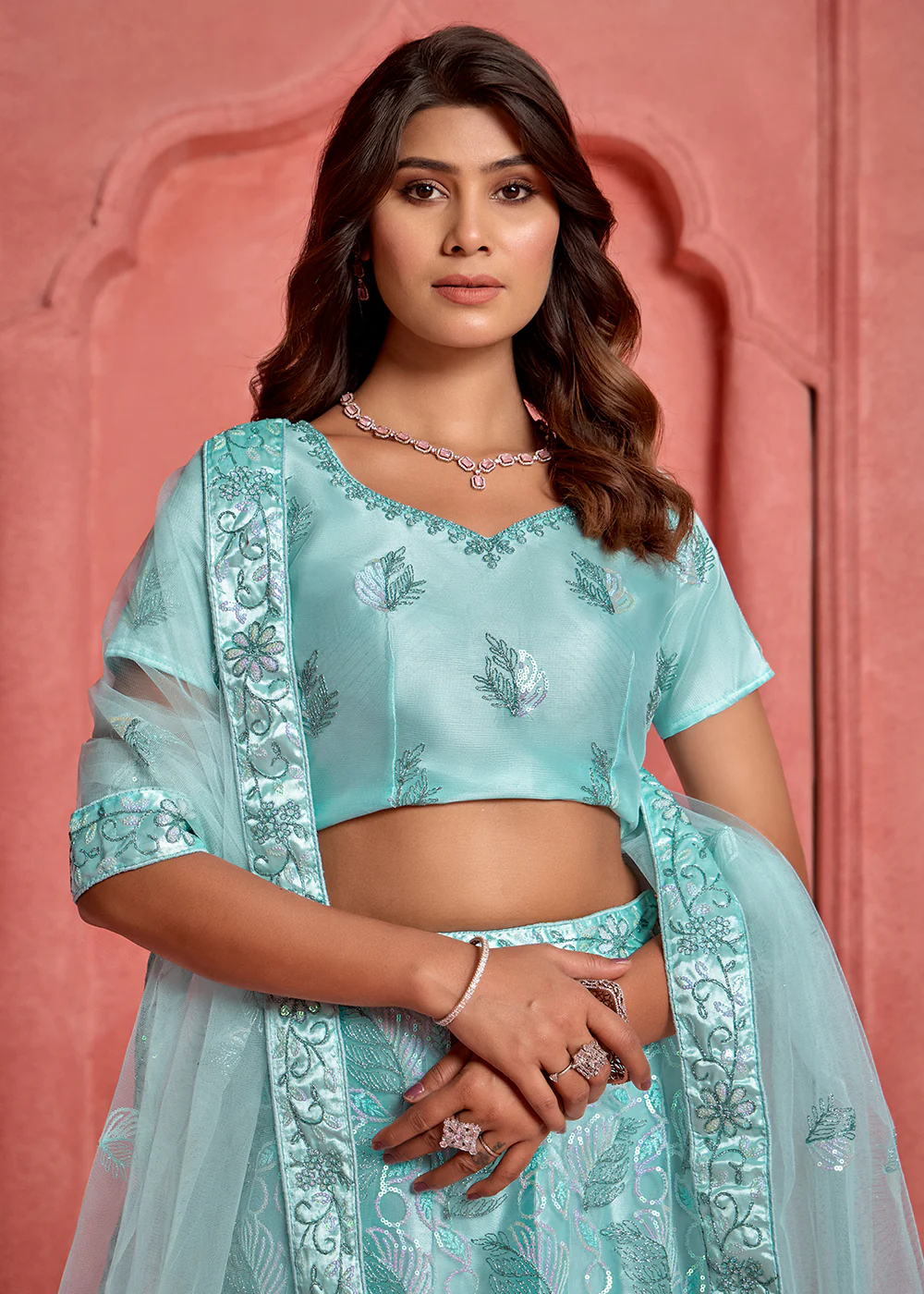 Baby Blue Floral Embroidered Wedding Festive Lehenga Choli - Image 2