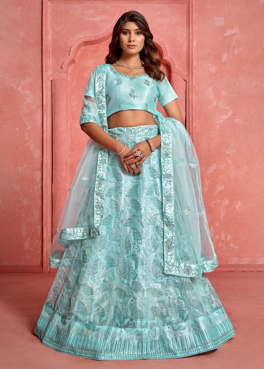 Baby Blue Floral Embroidered Wedding Festive Lehenga Choli - Image 4