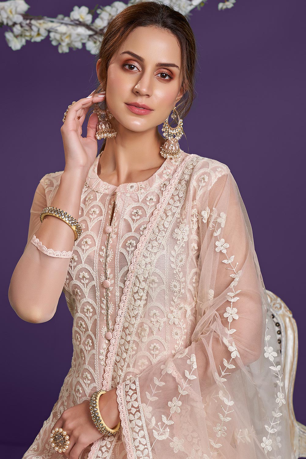 Baby Peach Lucknowi Chikankari Embroidered Pant Style Suit - Image 2