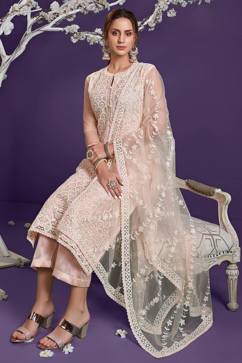 Baby Peach Lucknowi Chikankari Embroidered Pant Style Suit - Image 3