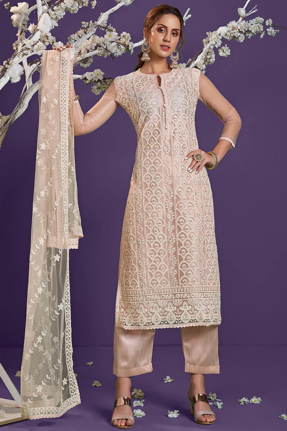 Baby Peach Lucknowi Chikankari Embroidered Pant Style Suit - Image 4