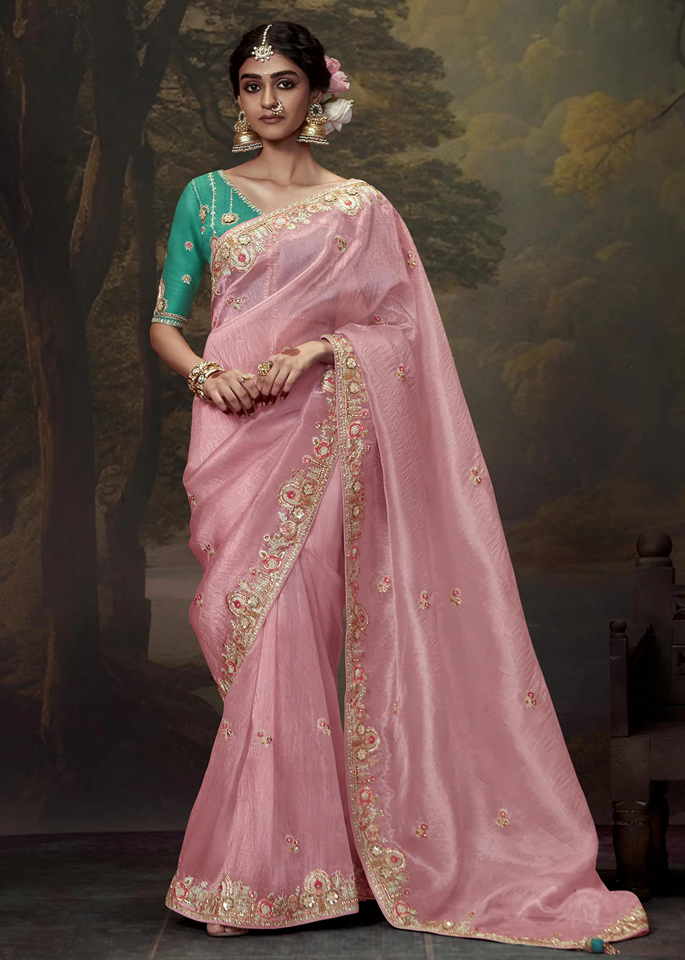Baby Pink Fancy Fabric Embroidered Festive Saree
