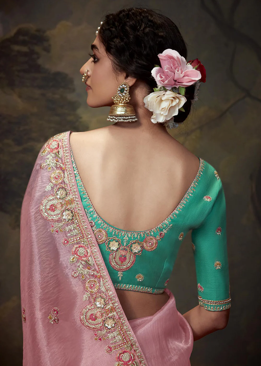 Baby Pink Fancy Fabric Embroidered Festive Saree - Image 3