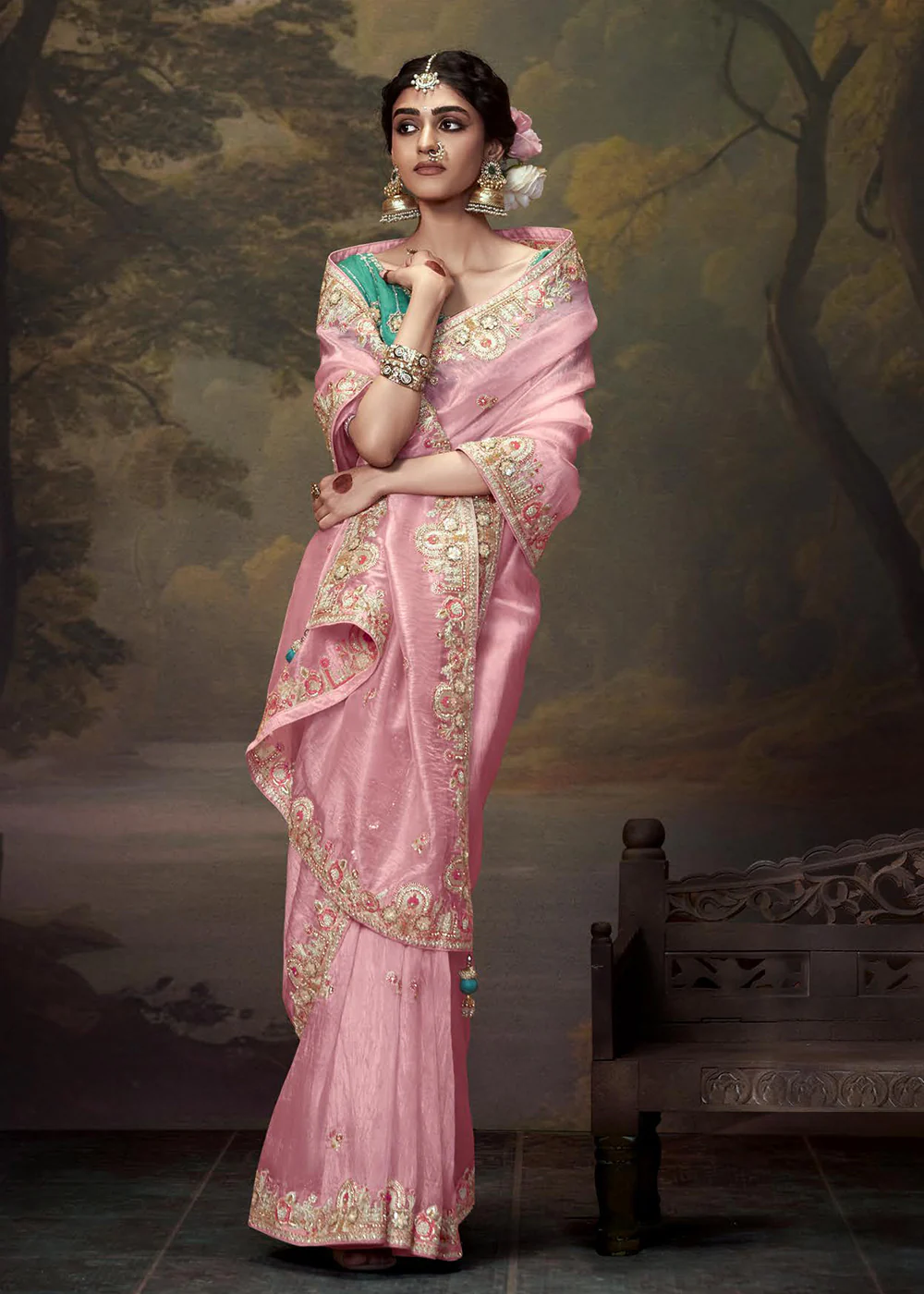 Baby Pink Fancy Fabric Embroidered Festive Saree - Image 4
