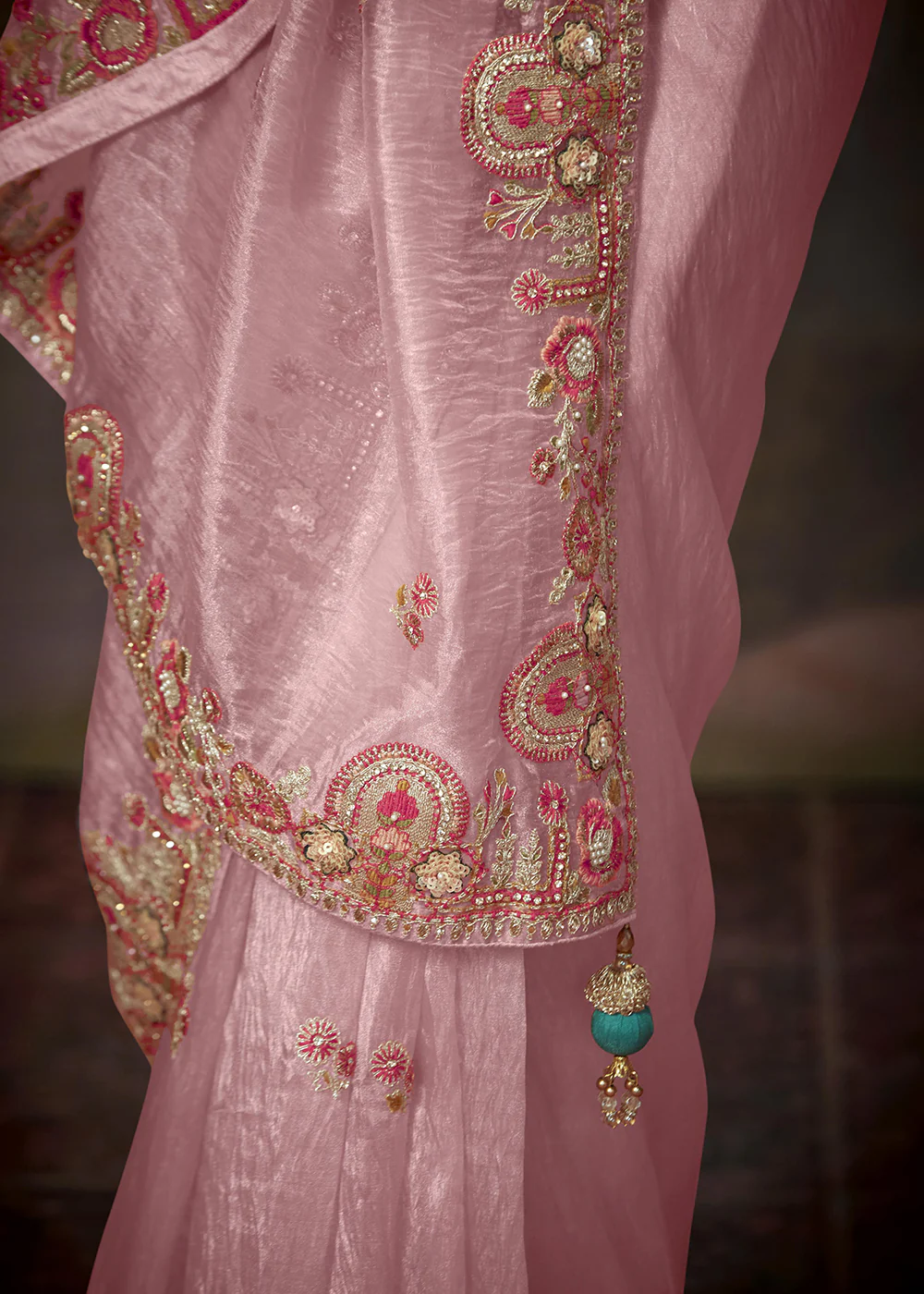 Baby Pink Fancy Fabric Embroidered Festive Saree - Image 5