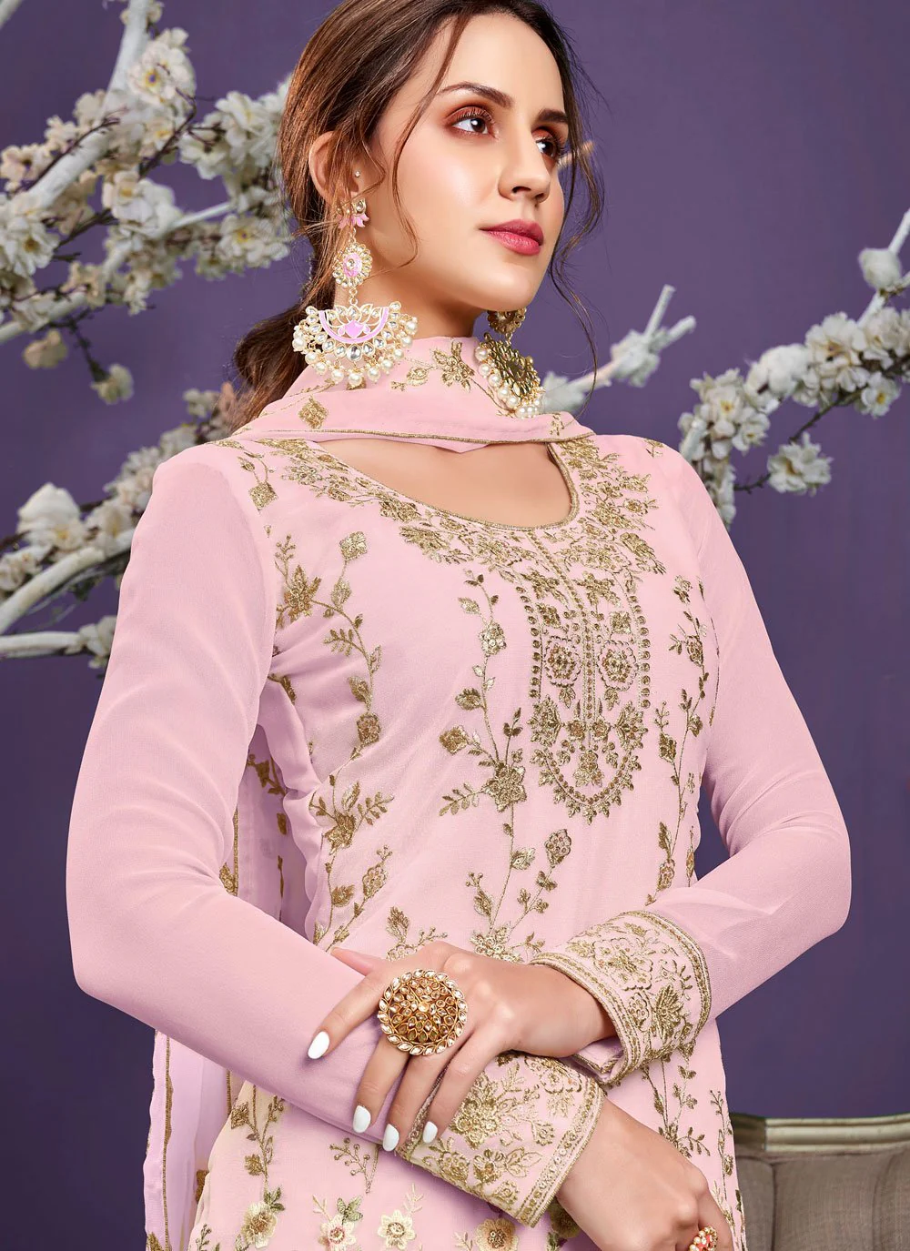 Baby Pink Pakistani Style Georgette Embroidered Salwar Suit - Image 2