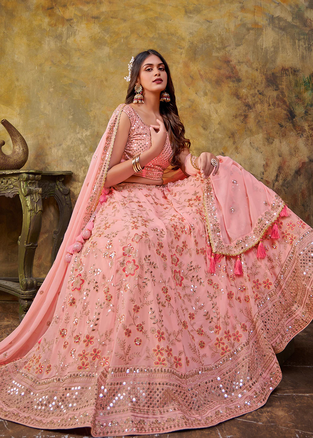 Baby Pink Premium Georgette Sequins Wedding Lehenga Choli - Image 2