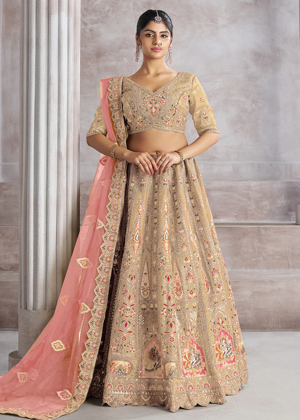 Banarasi Silk Beige Aari Embroidered Bridal Lehenga Choli