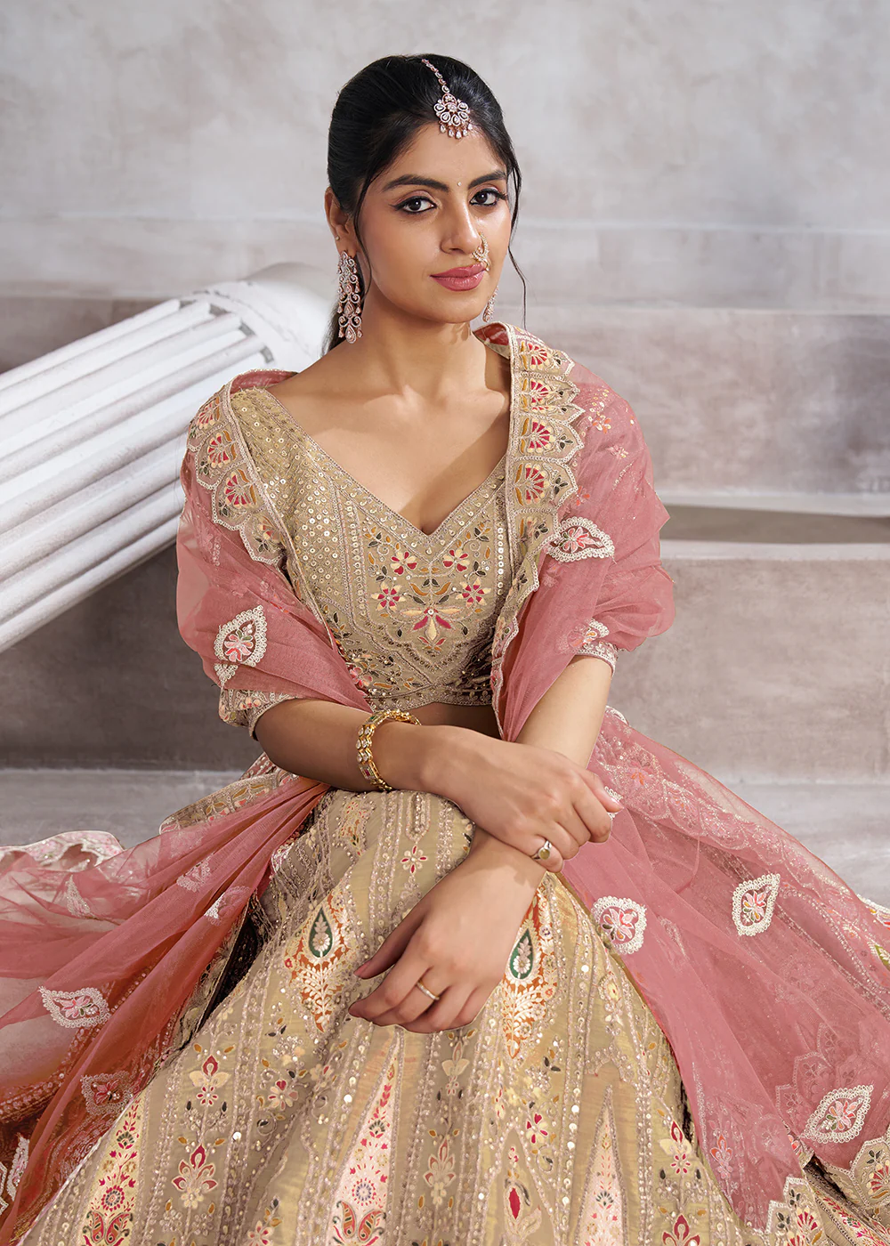 Banarasi Silk Beige Aari Embroidered Bridal Lehenga Choli - Image 2