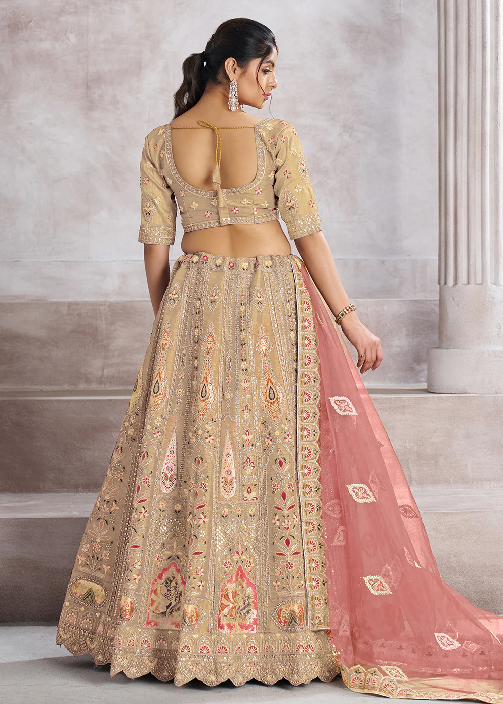 Banarasi Silk Beige Aari Embroidered Bridal Lehenga Choli - Image 3