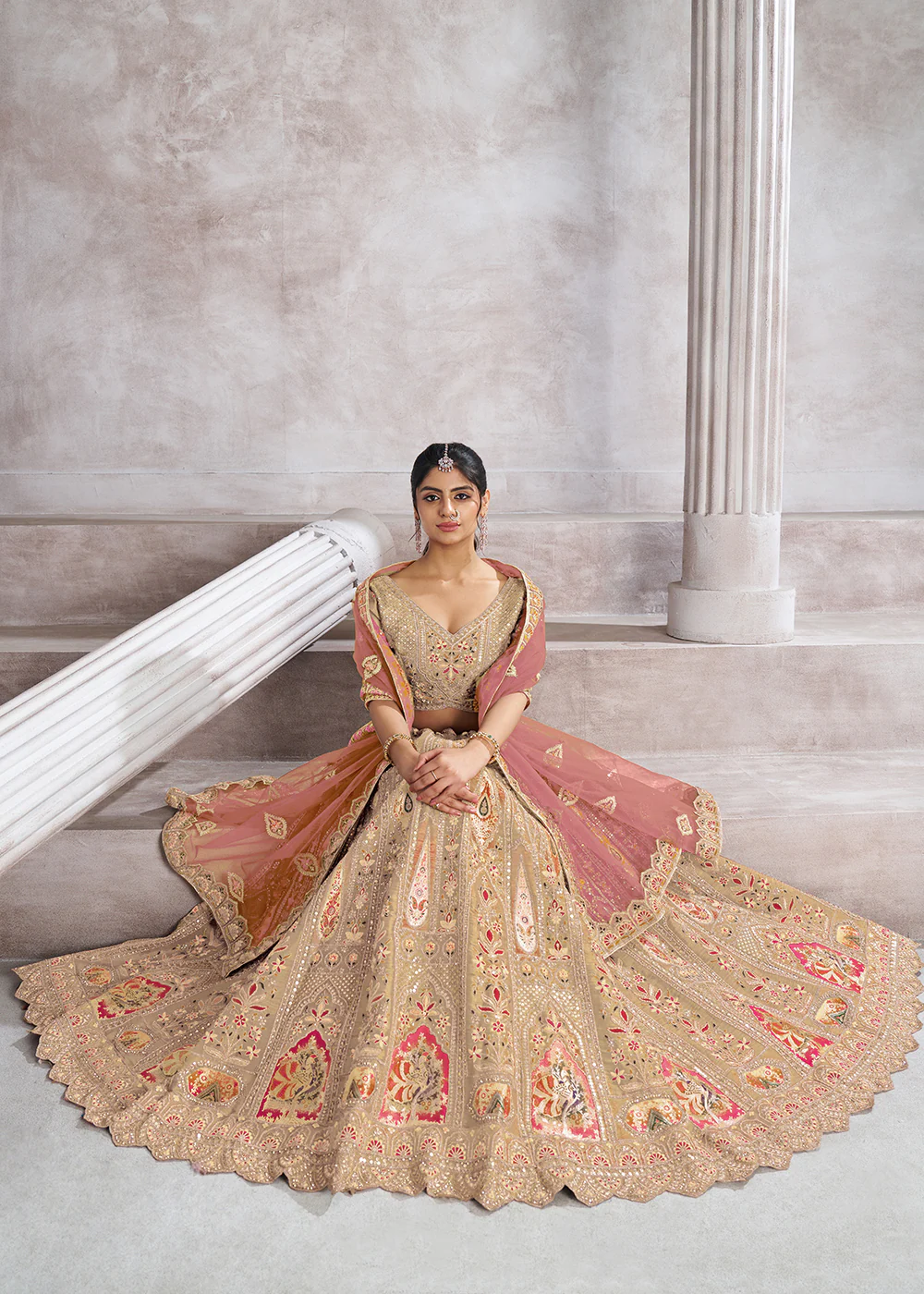 Banarasi Silk Beige Aari Embroidered Bridal Lehenga Choli - Image 4