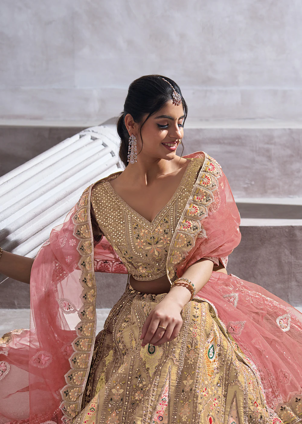 Banarasi Silk Beige Aari Embroidered Bridal Lehenga Choli - Image 5