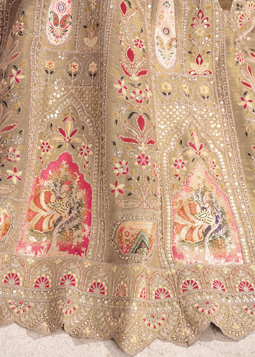 Banarasi Silk Beige Aari Embroidered Bridal Lehenga Choli - Image 6
