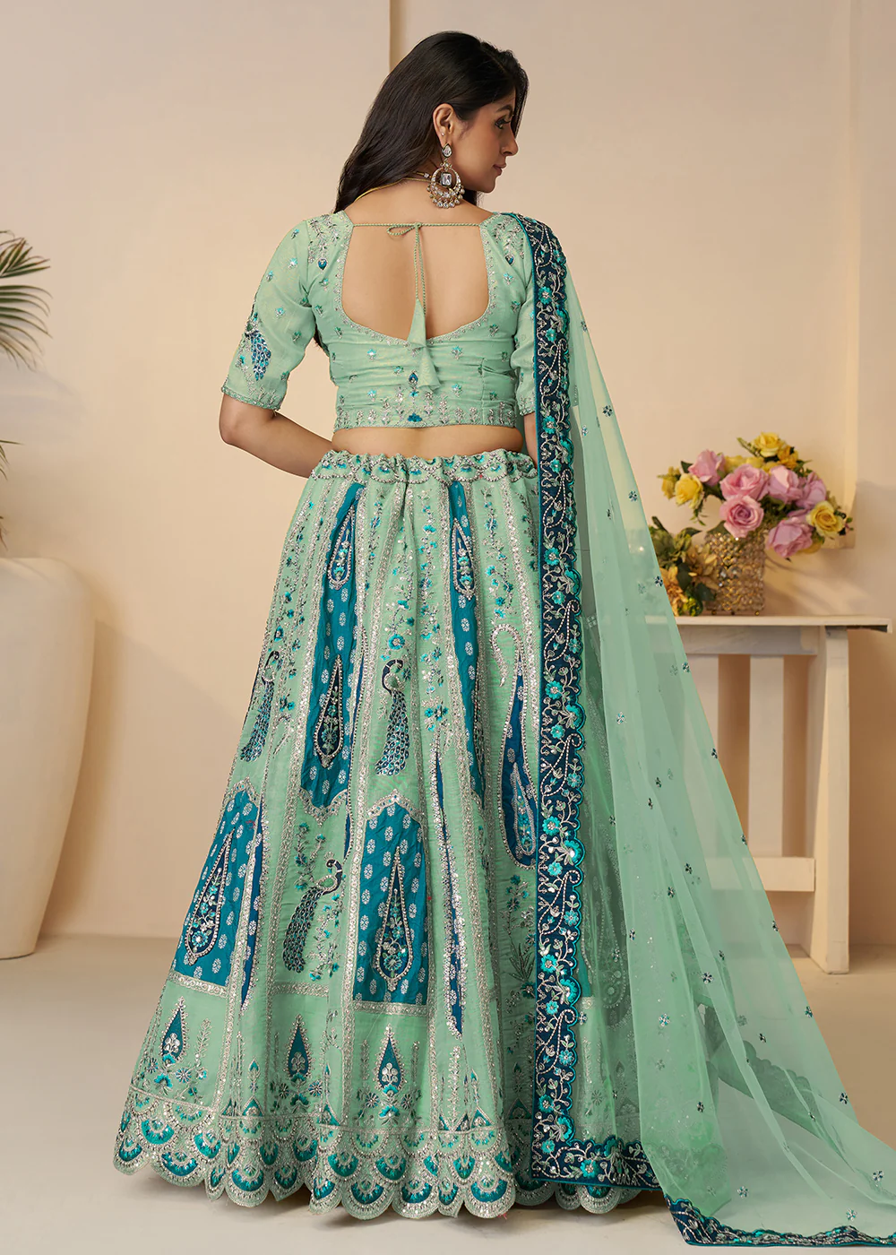 Banarasi Silk Blue Embroidered Wedding Festive Lehenga Choli - Image 3
