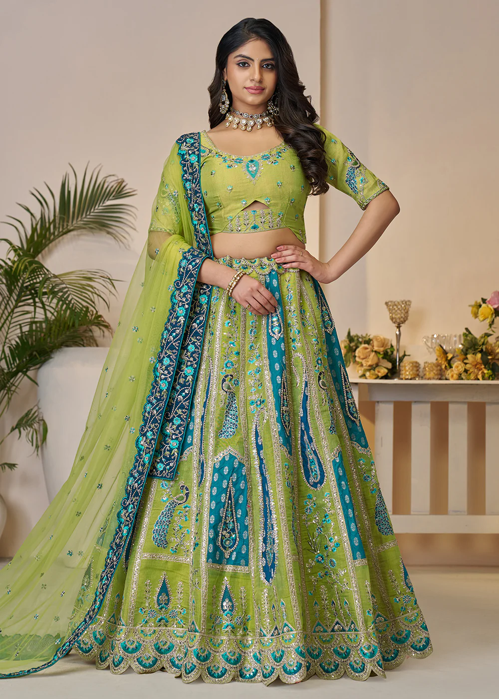 Banarasi Silk Green Embroidered Wedding Festive Lehenga Choli
