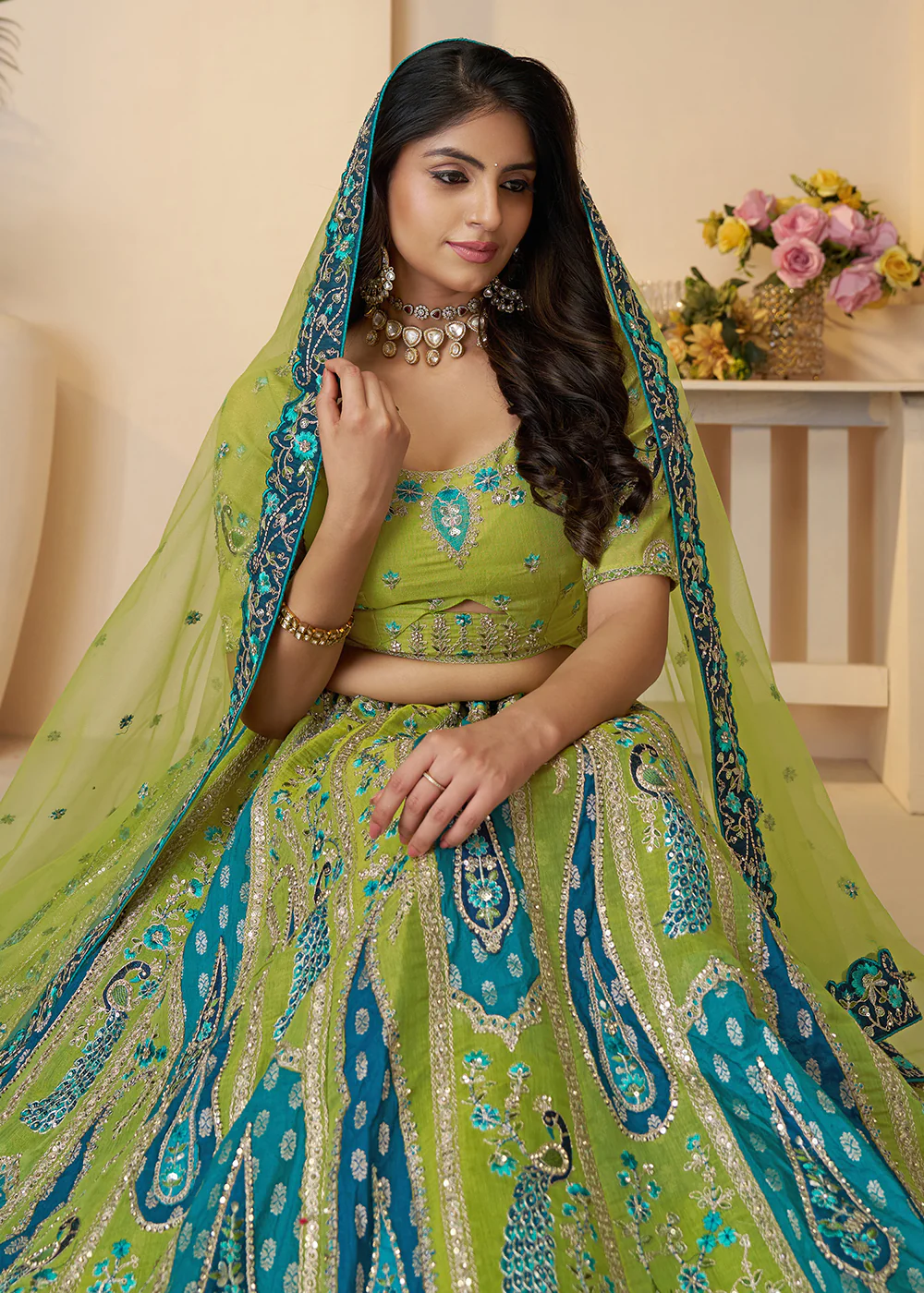 Banarasi Silk Green Embroidered Wedding Festive Lehenga Choli - Image 2