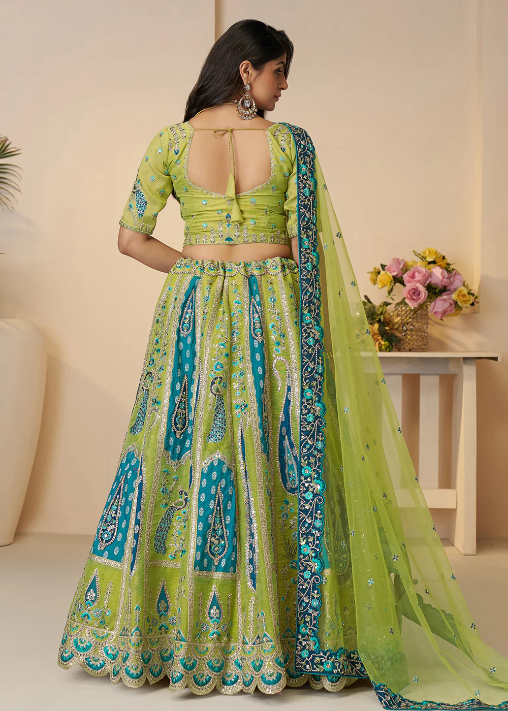 Banarasi Silk Green Embroidered Wedding Festive Lehenga Choli - Image 3