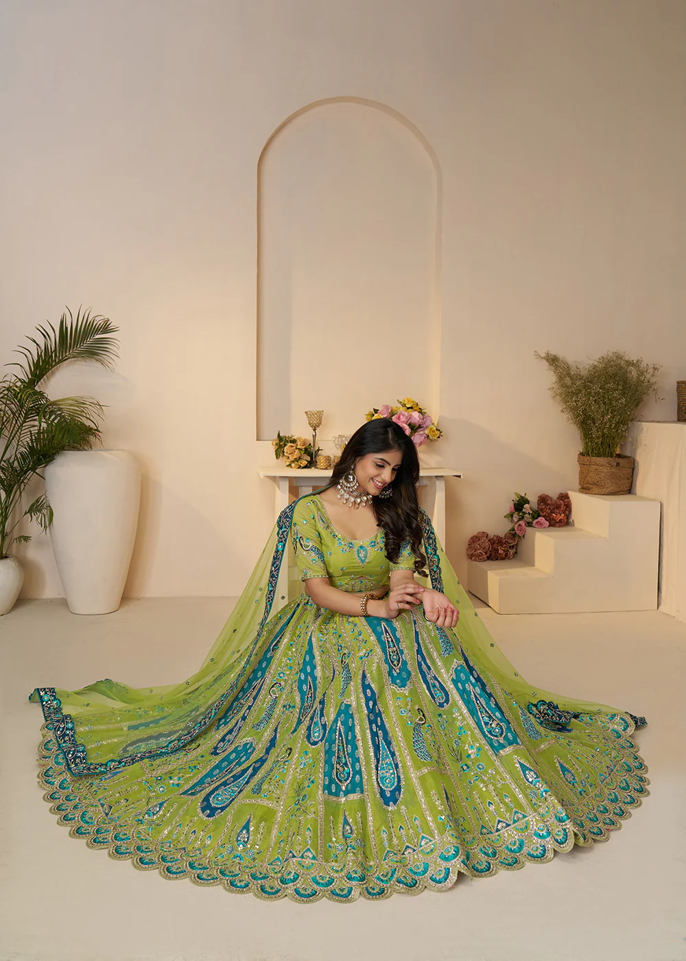 Banarasi Silk Green Embroidered Wedding Festive Lehenga Choli - Image 4