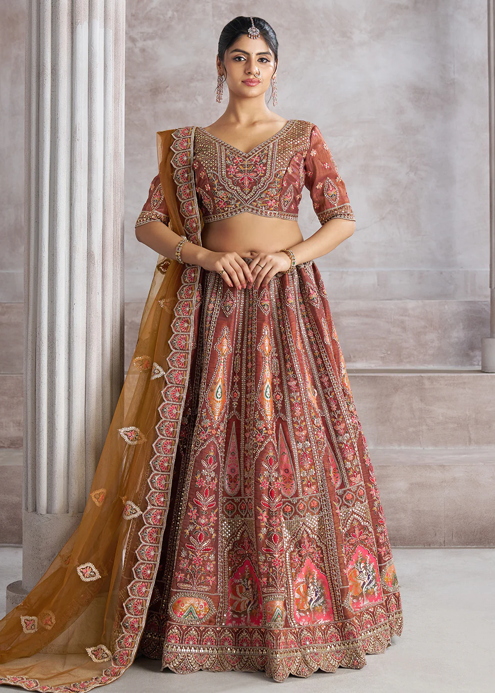 Banarasi Silk Mocha Aari Embroidered Bridal Lehenga Choli