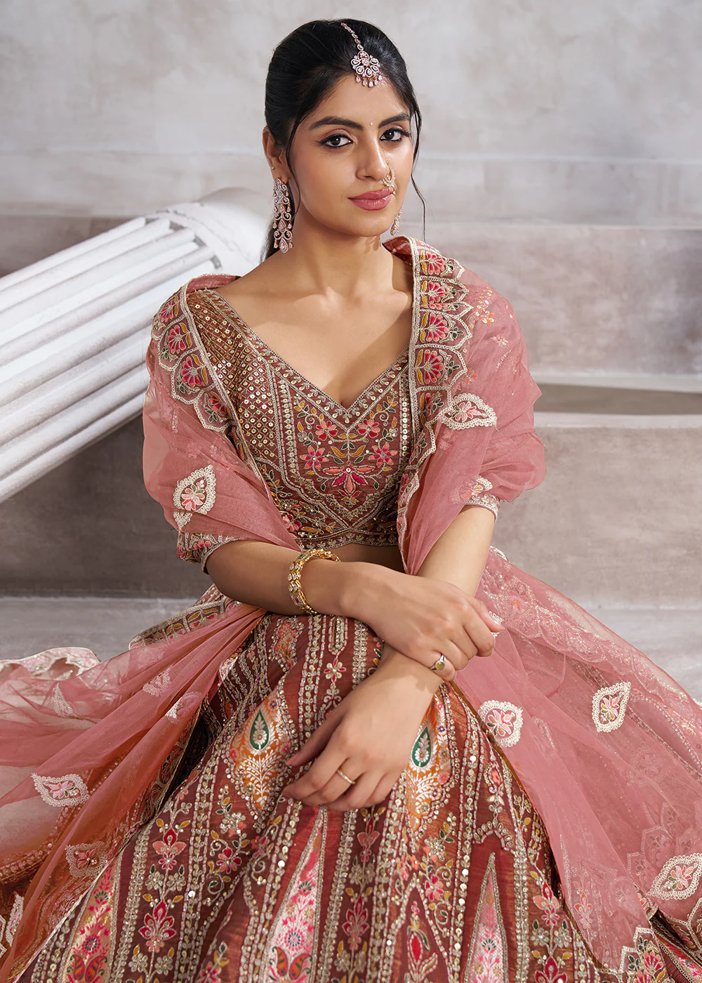 Banarasi Silk Mocha Aari Embroidered Bridal Lehenga Choli - Image 2
