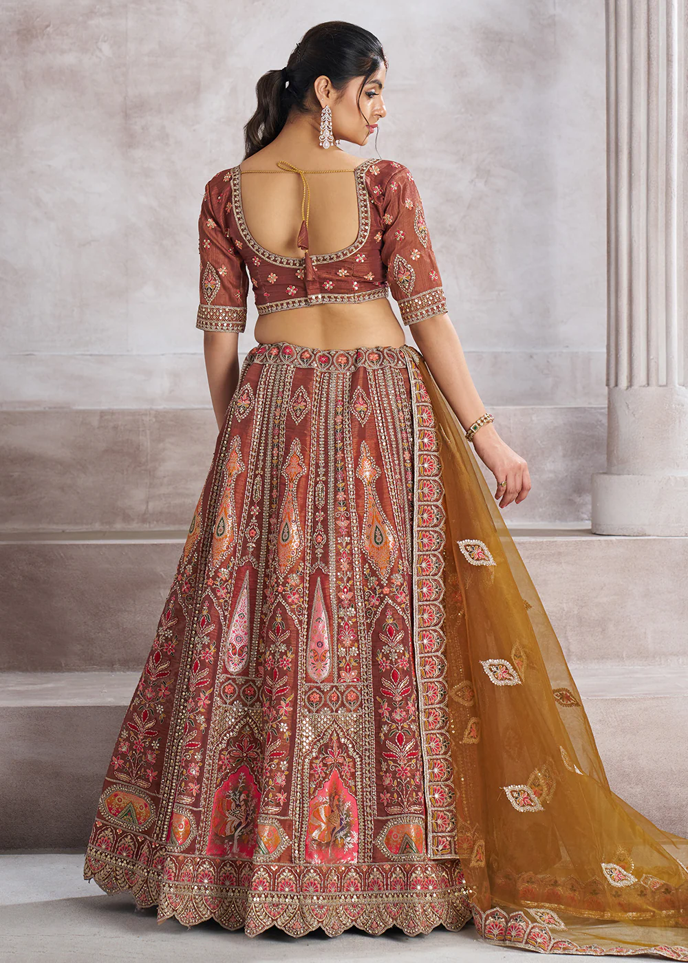 Banarasi Silk Mocha Aari Embroidered Bridal Lehenga Choli - Image 3