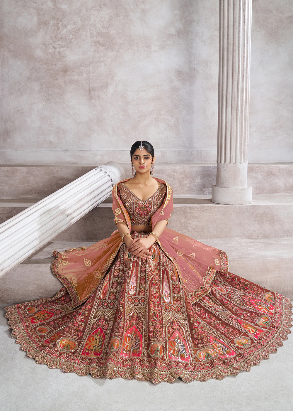 Banarasi Silk Mocha Aari Embroidered Bridal Lehenga Choli - Image 4