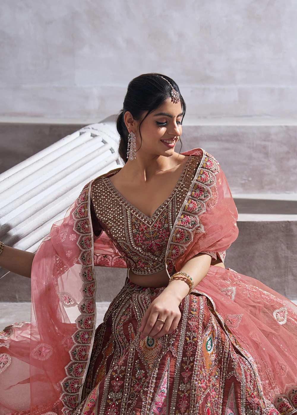 Banarasi Silk Mocha Aari Embroidered Bridal Lehenga Choli - Image 5