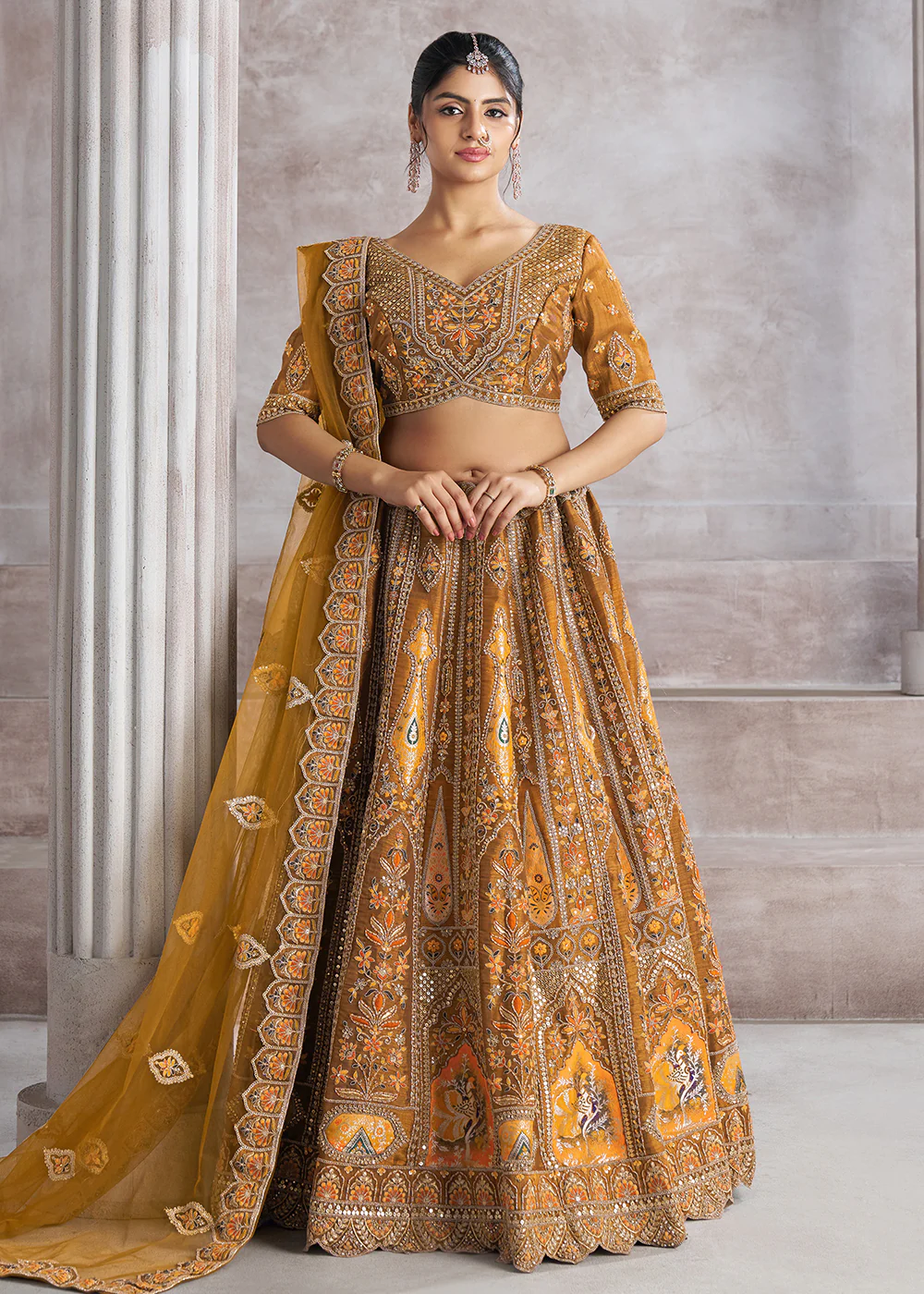 Banarasi Silk Mustard Aari Embroidered Bridal Lehenga Choli