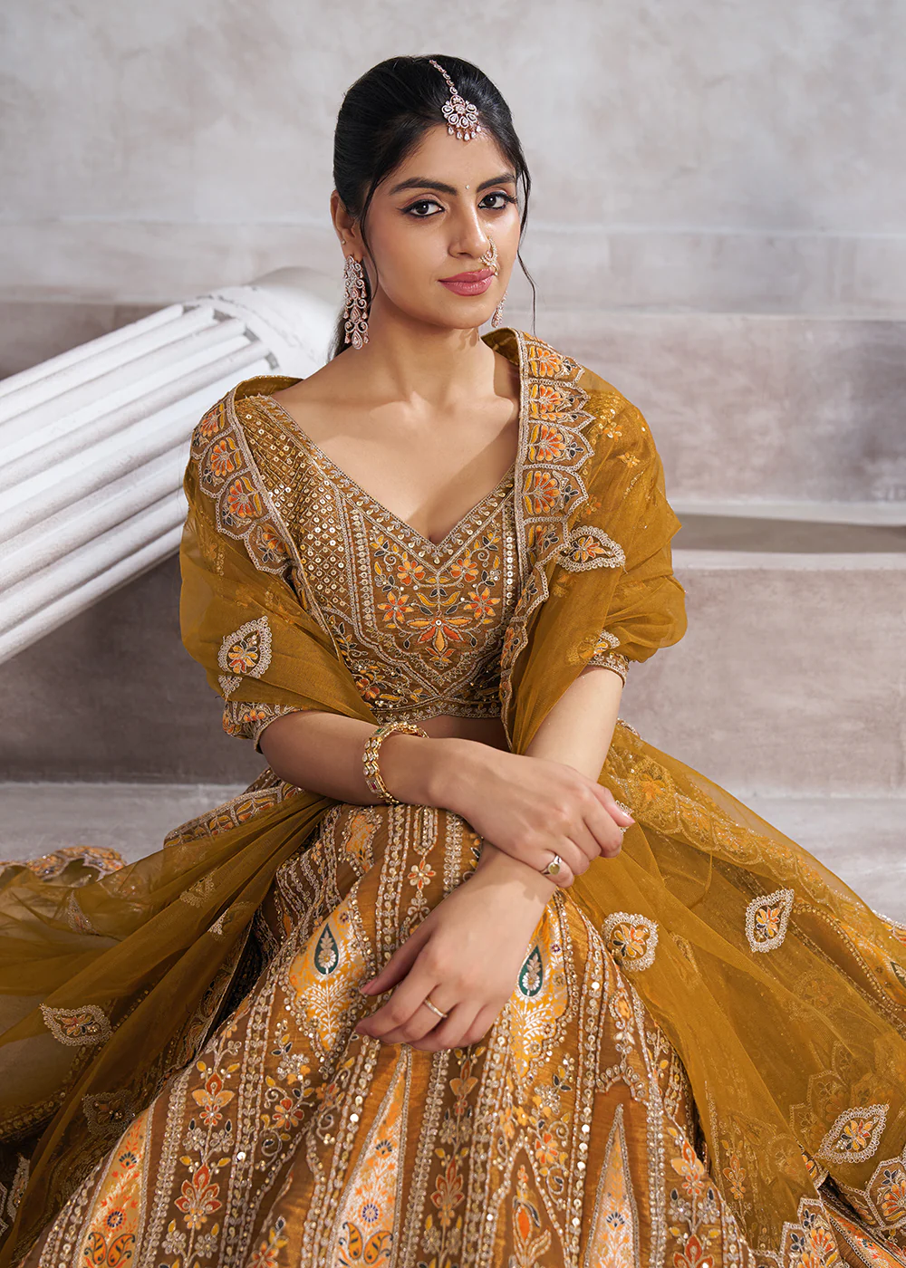 Banarasi Silk Mustard Aari Embroidered Bridal Lehenga Choli - Image 2