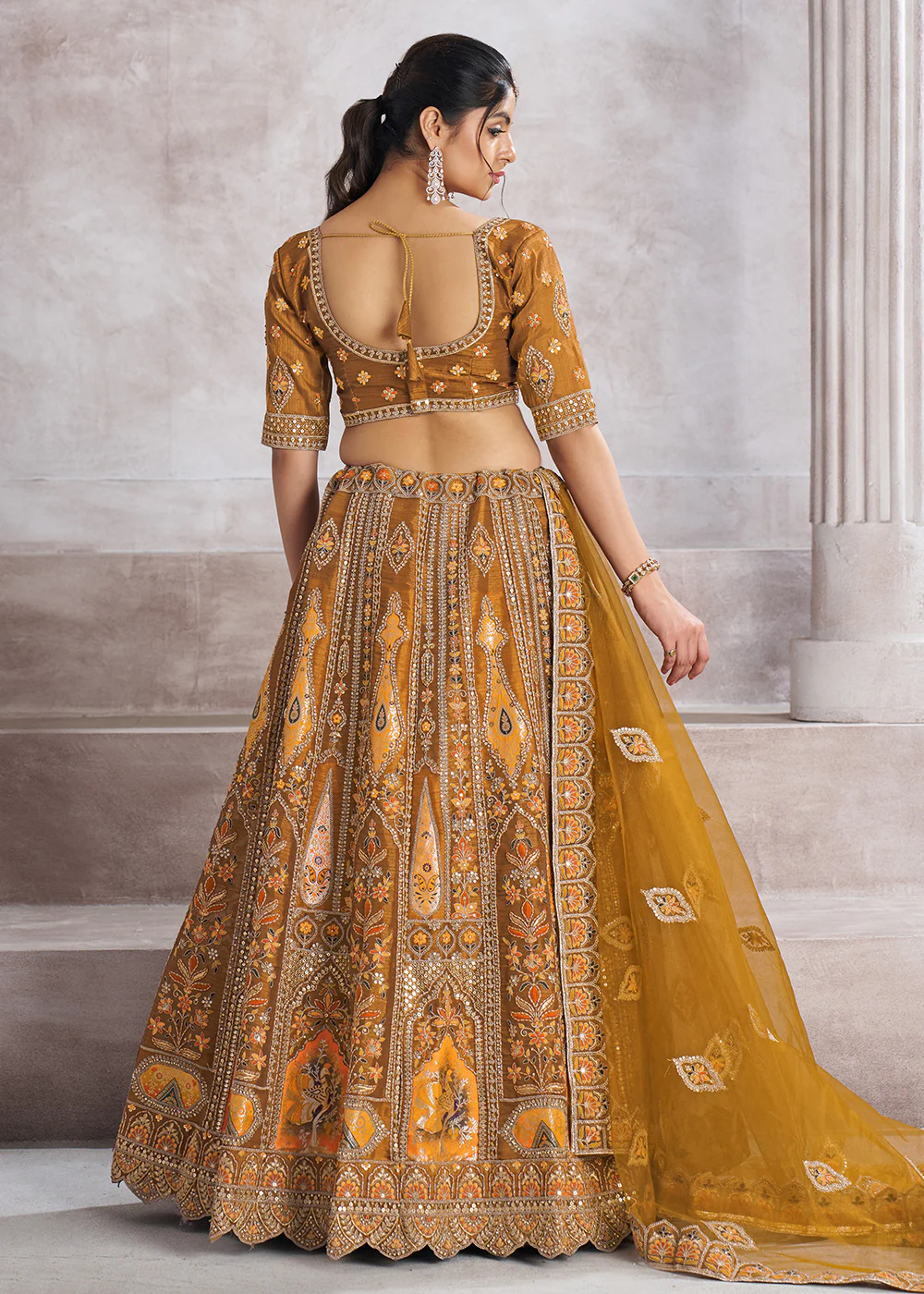 Banarasi Silk Mustard Aari Embroidered Bridal Lehenga Choli - Image 3