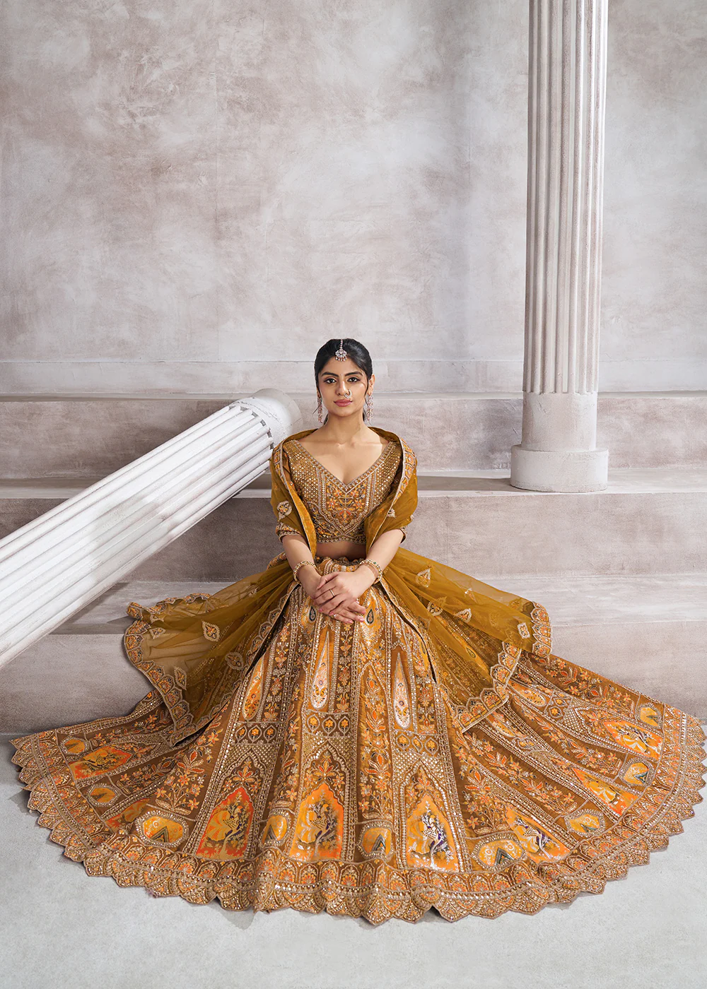 Banarasi Silk Mustard Aari Embroidered Bridal Lehenga Choli - Image 4
