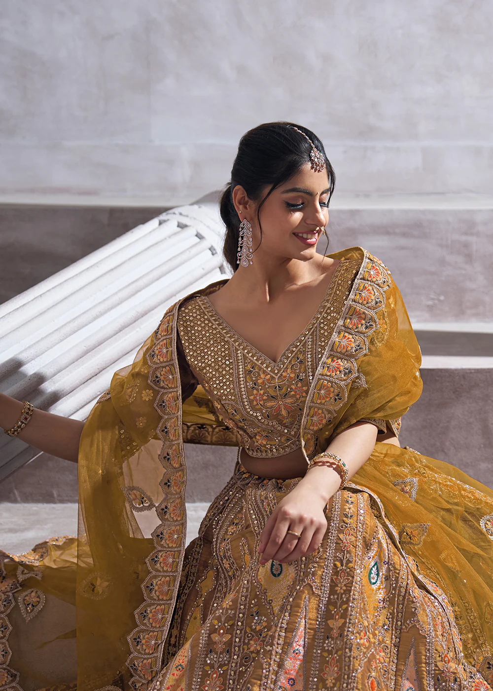Banarasi Silk Mustard Aari Embroidered Bridal Lehenga Choli - Image 5