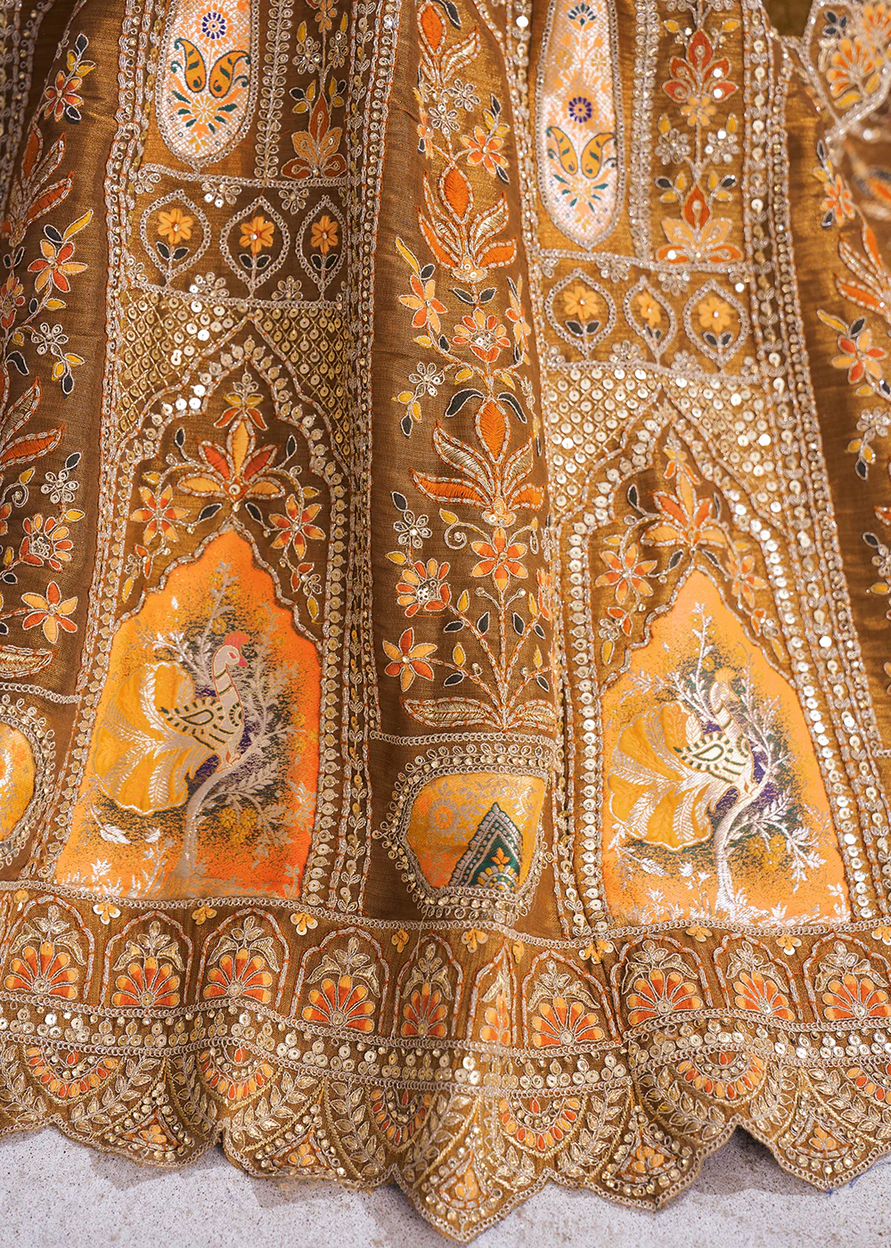Banarasi Silk Mustard Aari Embroidered Bridal Lehenga Choli - Image 6