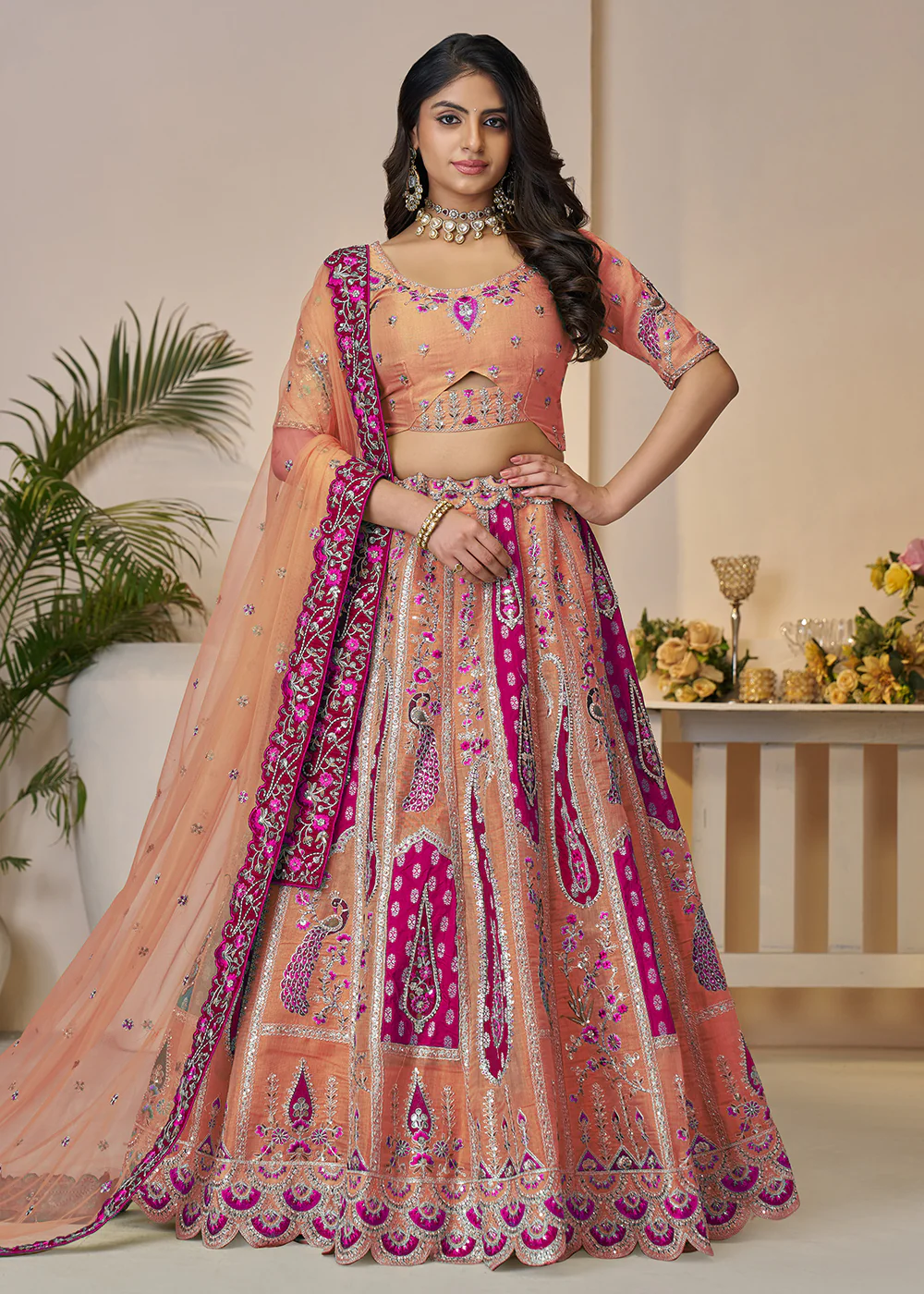 Banarasi Silk Orange Embroidered Wedding Festive Lehenga Choli