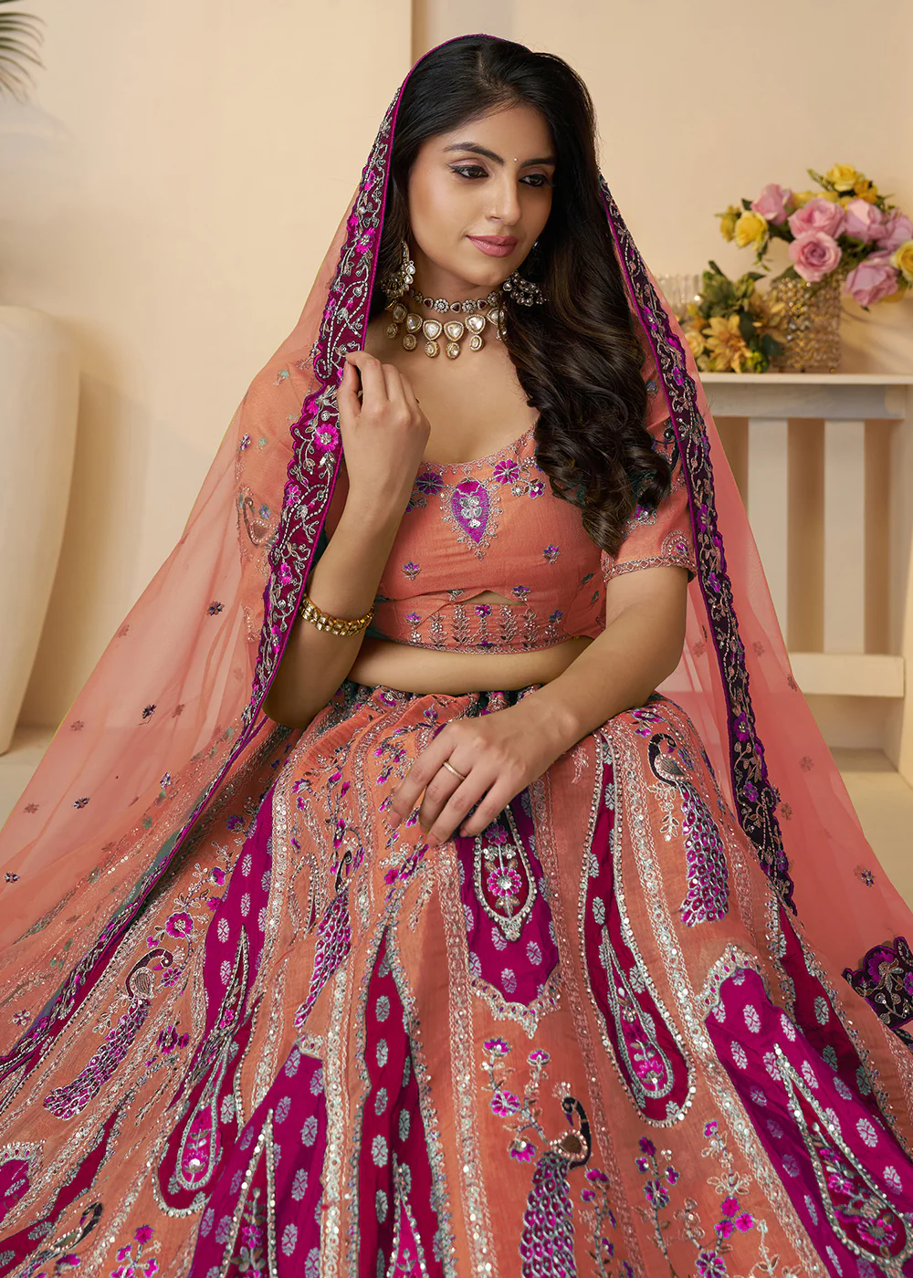 Banarasi Silk Orange Embroidered Wedding Festive Lehenga Choli - Image 2