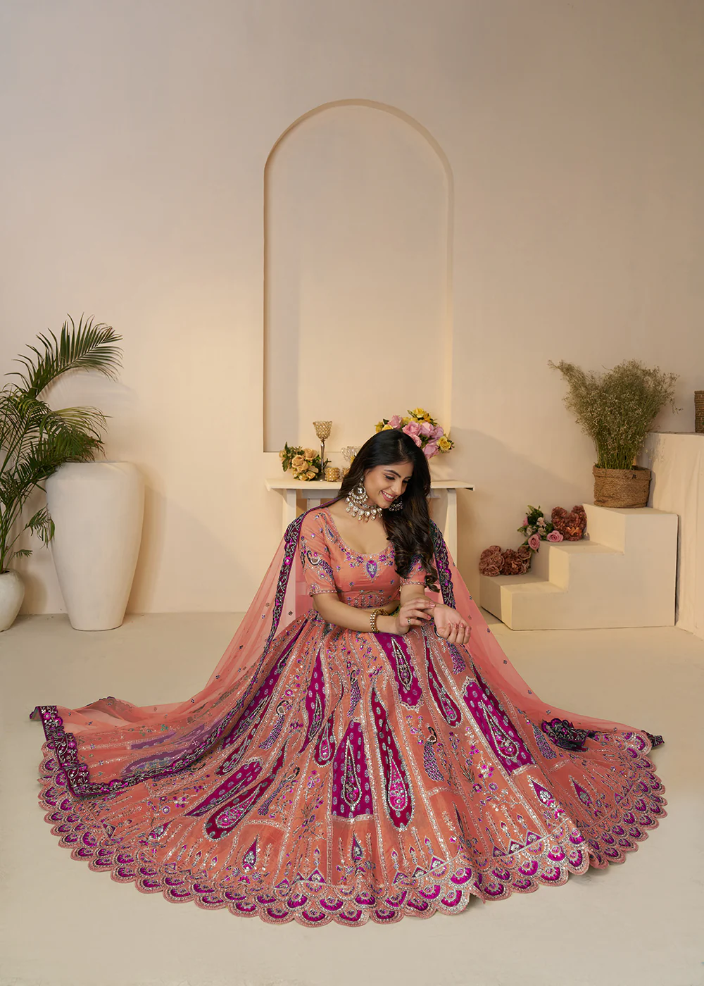 Banarasi Silk Orange Embroidered Wedding Festive Lehenga Choli - Image 4