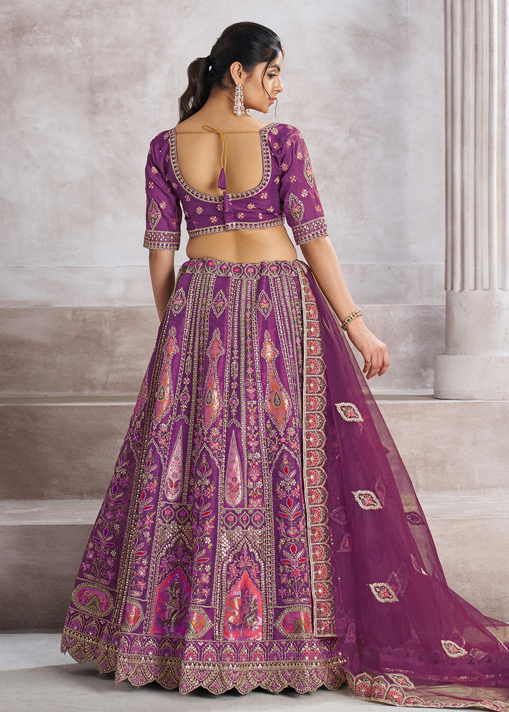 Banarasi Silk Purple Aari Embroidered Bridal Lehenga Choli - Image 3